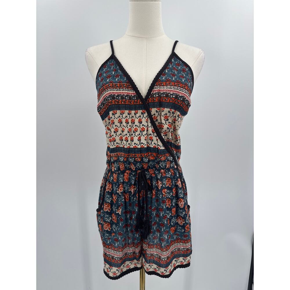 Band Of Gypsies Boho Floral Romper V Neck Tassel Tie Blue Orange Size Small